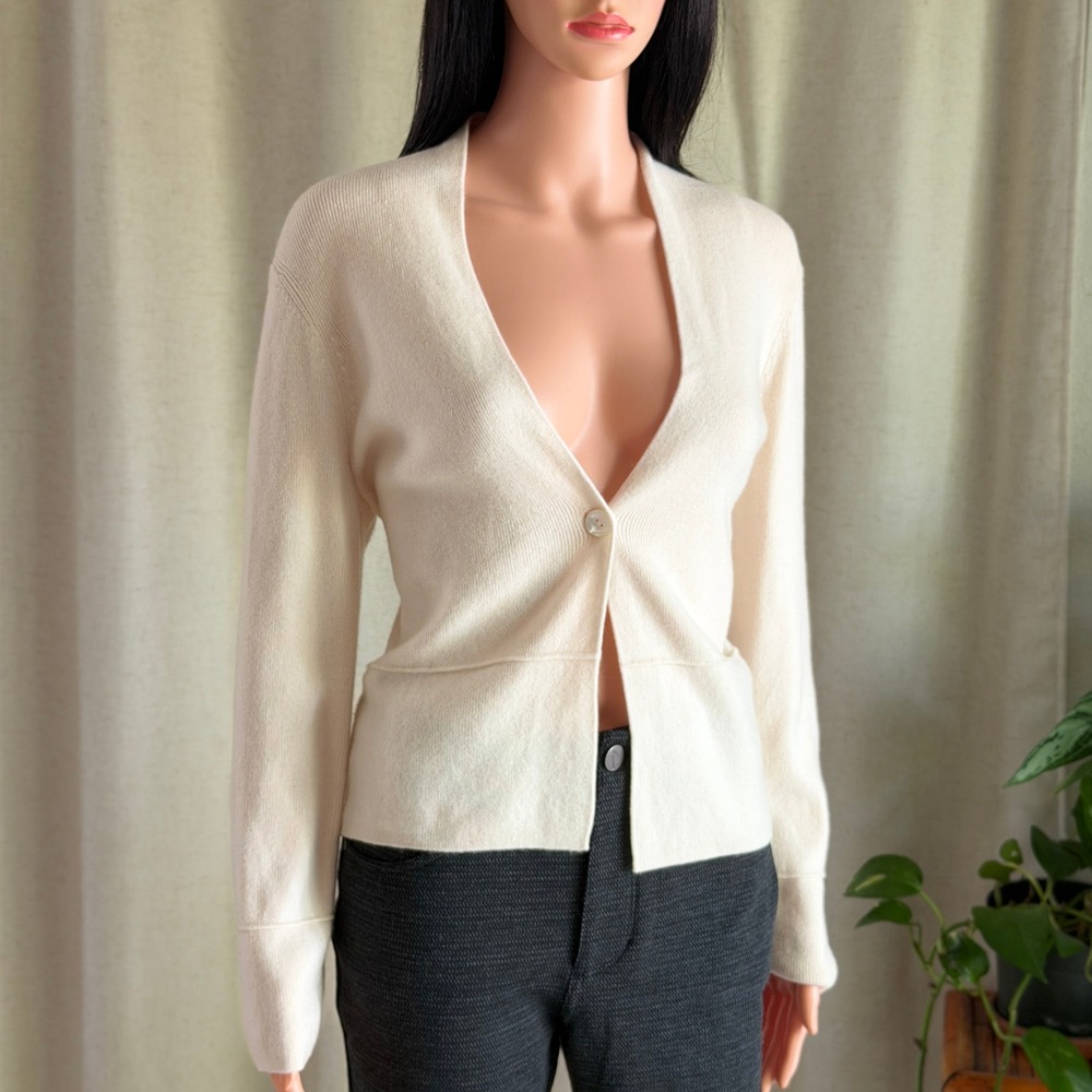 Vtg 90s Y2K Ivory 100% Cashmere 2-Ply Cardigan Single Button Sweater PM Neutral